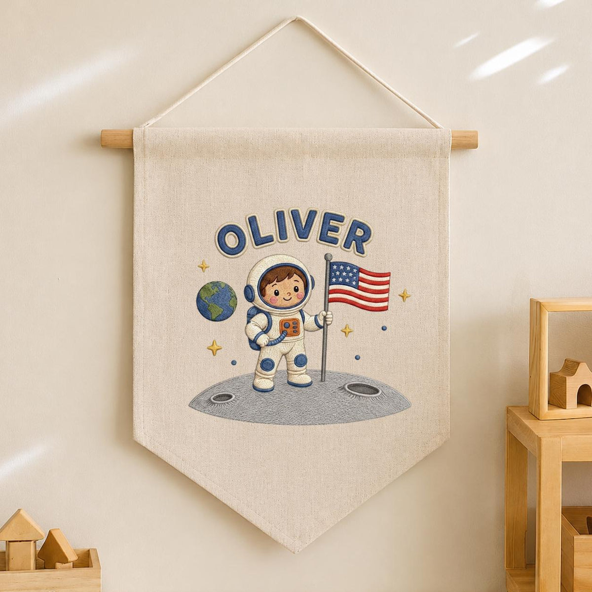 Personalized Astronaut Linen Banner, Custom Name Embroidered Wall Hanging