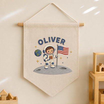 Personalized Astronaut Linen Banner, Custom Name Embroidered Wall Hanging