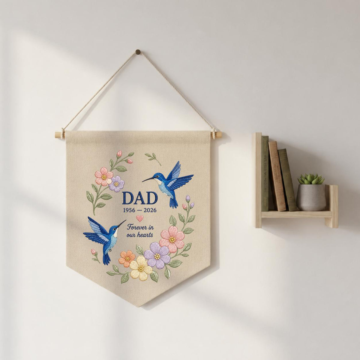 Custom Name Dad Memorial Embroidered Canvas Pennant Banner, Blue Hummingbird Floral Wreath Bereavement Condolence Gift Wall Hanging Sign
