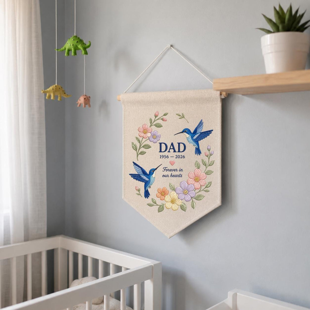 Custom Name Dad Memorial Embroidered Canvas Pennant Banner, Blue Hummingbird Floral Wreath Bereavement Condolence Gift Wall Hanging Sign