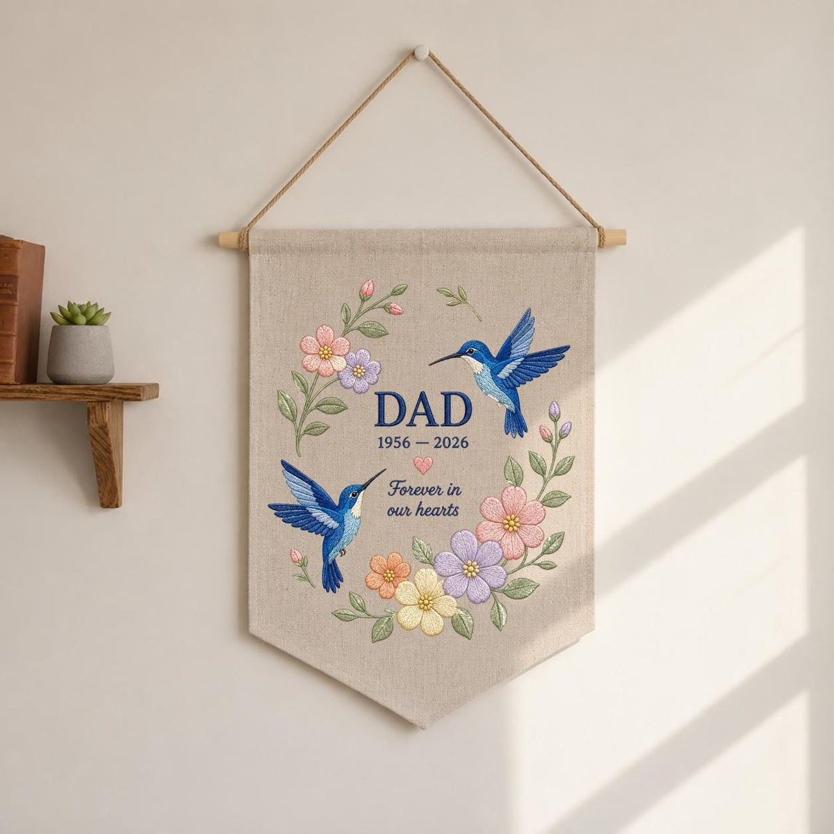 Custom Name Dad Memorial Embroidered Canvas Pennant Banner, Blue Hummingbird Floral Wreath Bereavement Condolence Gift Wall Hanging Sign
