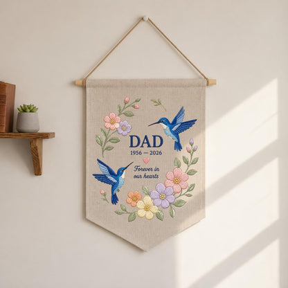 Custom Name Dad Memorial Embroidered Canvas Pennant Banner, Blue Hummingbird Floral Wreath Bereavement Condolence Gift Wall Hanging Sign
