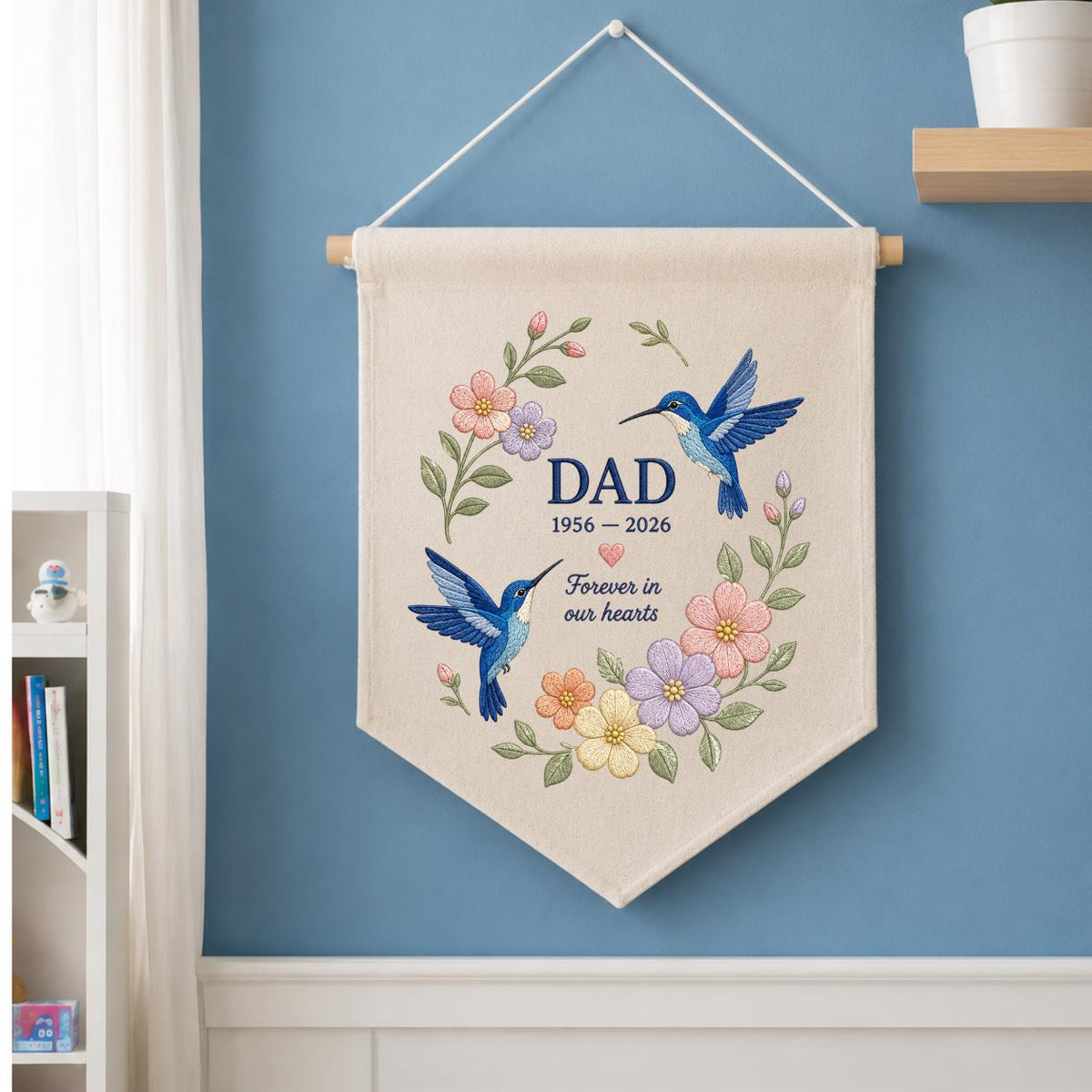 Custom Name Dad Memorial Embroidered Canvas Pennant Banner, Blue Hummingbird Floral Wreath Bereavement Condolence Gift Wall Hanging Sign