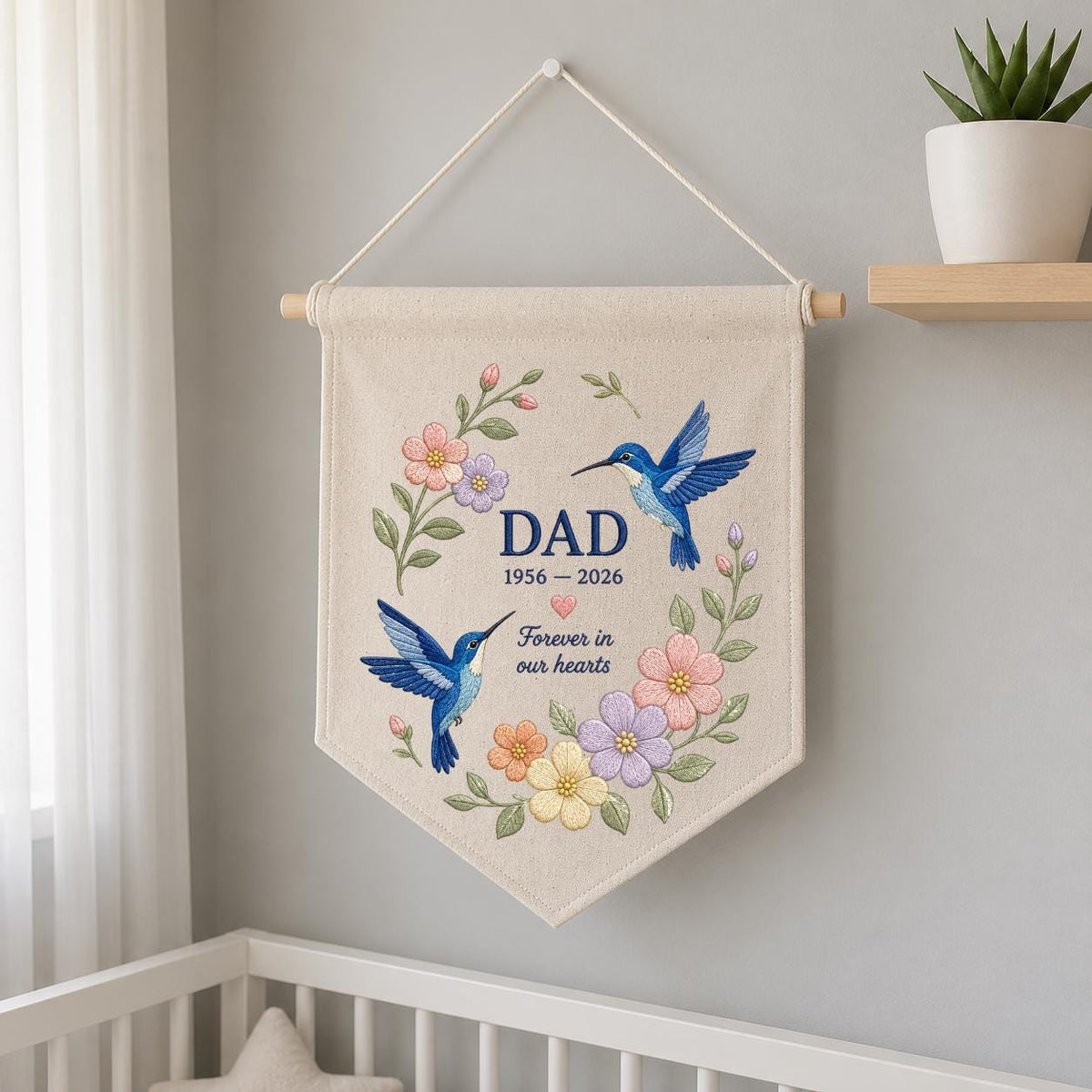 Custom Name Dad Memorial Embroidered Canvas Pennant Banner, Blue Hummingbird Floral Wreath Bereavement Condolence Gift Wall Hanging Sign