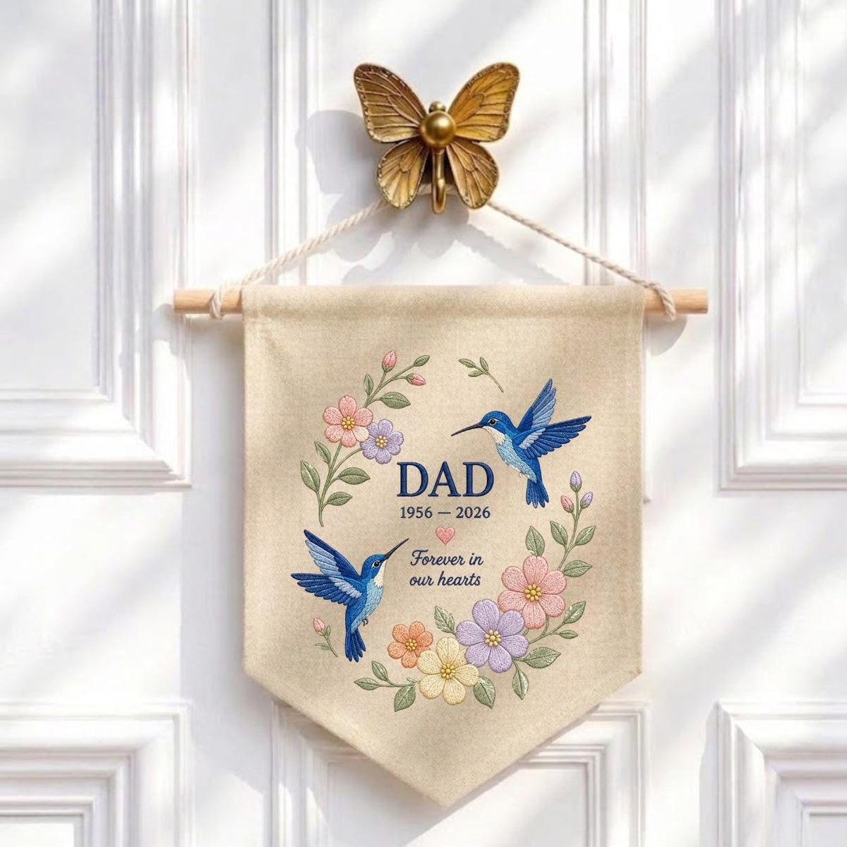 Custom Name Dad Memorial Embroidered Canvas Pennant Banner, Blue Hummingbird Floral Wreath Bereavement Condolence Gift Wall Hanging Sign