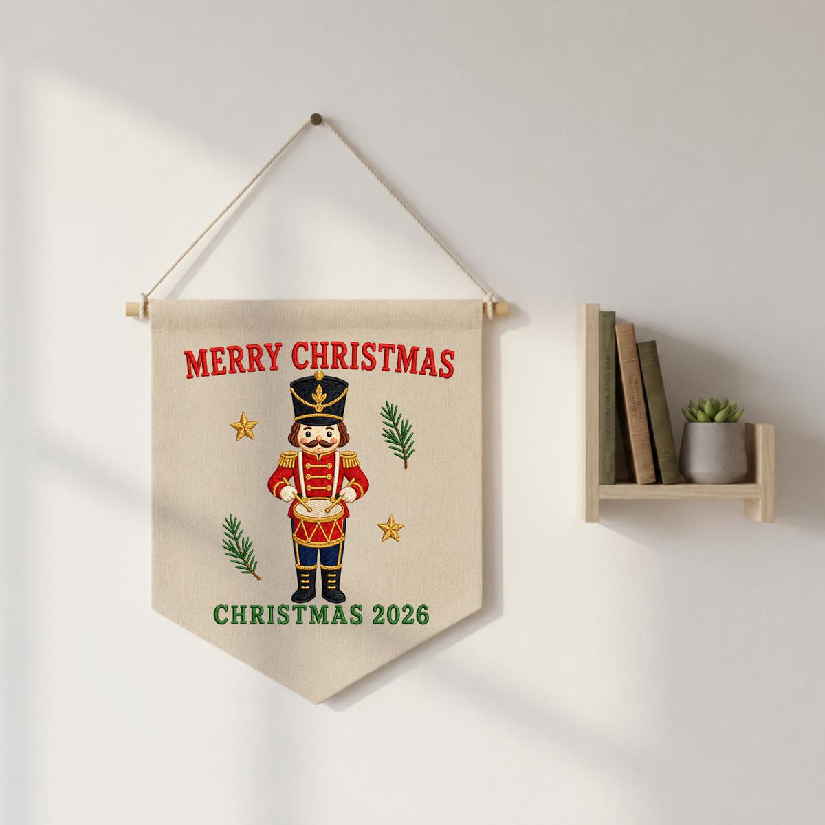Christmas 2026 Nutcracker Soldier Canvas Pennant Banner Decor, Embroidered Drummer Boy Merry Christmas Wall Hanging Sign, Xmas Gift