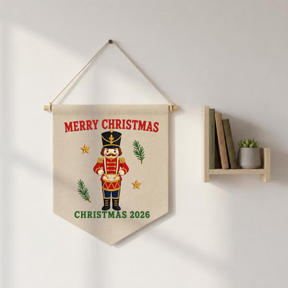 Christmas 2026 Nutcracker Soldier Canvas Pennant Banner Decor, Embroidered Drummer Boy Merry Christmas Wall Hanging Sign, Xmas Gift
