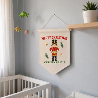 Christmas 2026 Nutcracker Soldier Canvas Pennant Banner Decor, Embroidered Drummer Boy Merry Christmas Wall Hanging Sign, Xmas Gift