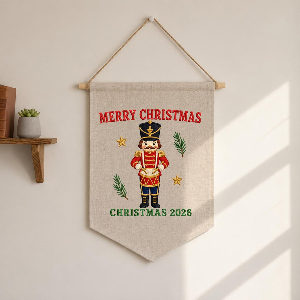 Christmas 2026 Nutcracker Soldier Canvas Pennant Banner Decor, Embroidered Drummer Boy Merry Christmas Wall Hanging Sign, Xmas Gift