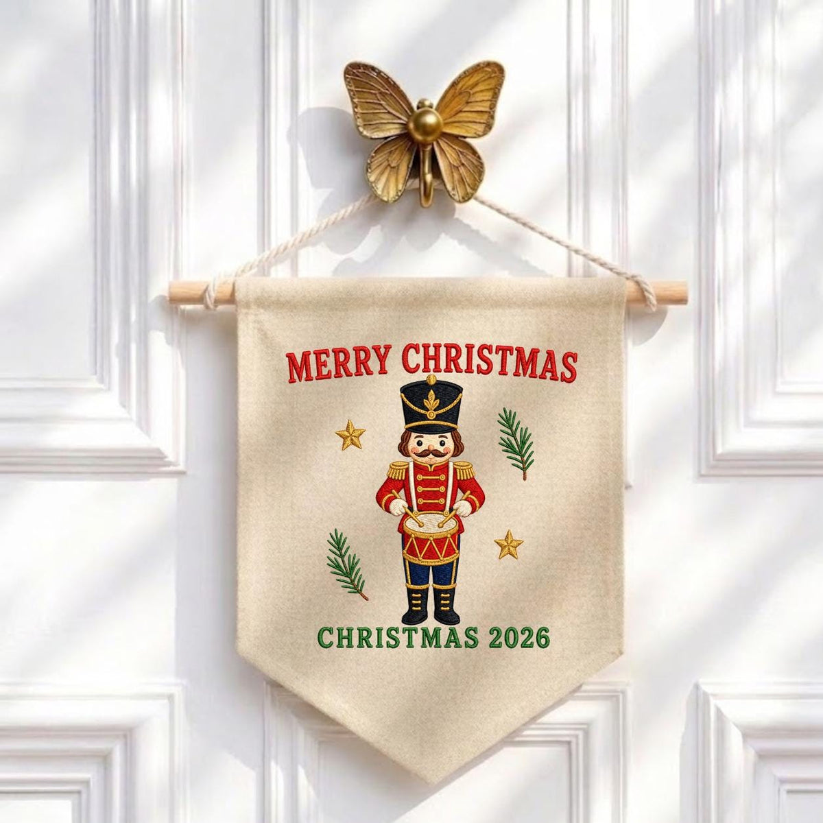 Christmas 2026 Nutcracker Soldier Canvas Pennant Banner Decor, Embroidered Drummer Boy Merry Christmas Wall Hanging Sign, Xmas Gift