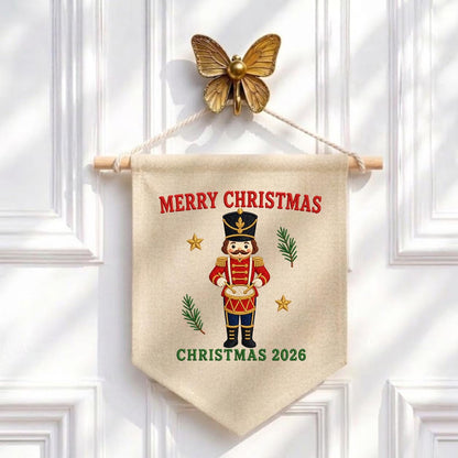 Christmas 2026 Nutcracker Soldier Canvas Pennant Banner Decor, Embroidered Drummer Boy Merry Christmas Wall Hanging Sign, Xmas Gift