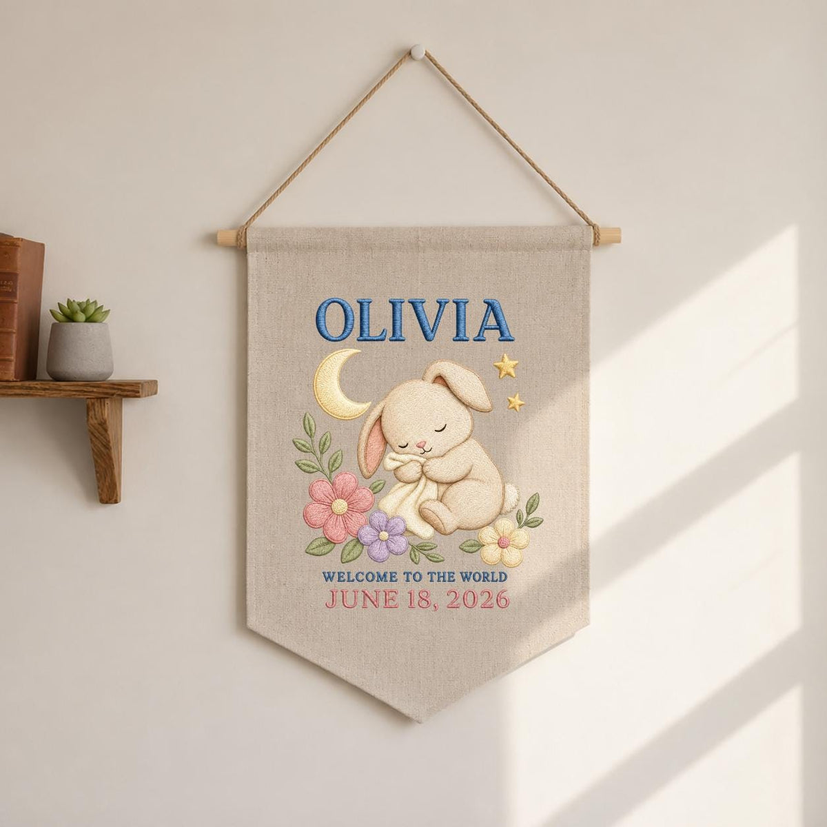 Personalized Sleeping Bunny Birth Announcement Canvas Pennant Banner, Custom Name Date Welcome to the World Nursery Wall Hanging Sign