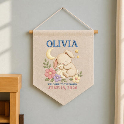 Personalized Sleeping Bunny Birth Announcement Canvas Pennant Banner, Custom Name Date Welcome to the World Nursery Wall Hanging Sign