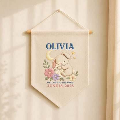 Personalized Sleeping Bunny Birth Announcement Canvas Pennant Banner, Custom Name Date Welcome to the World Nursery Wall Hanging Sign