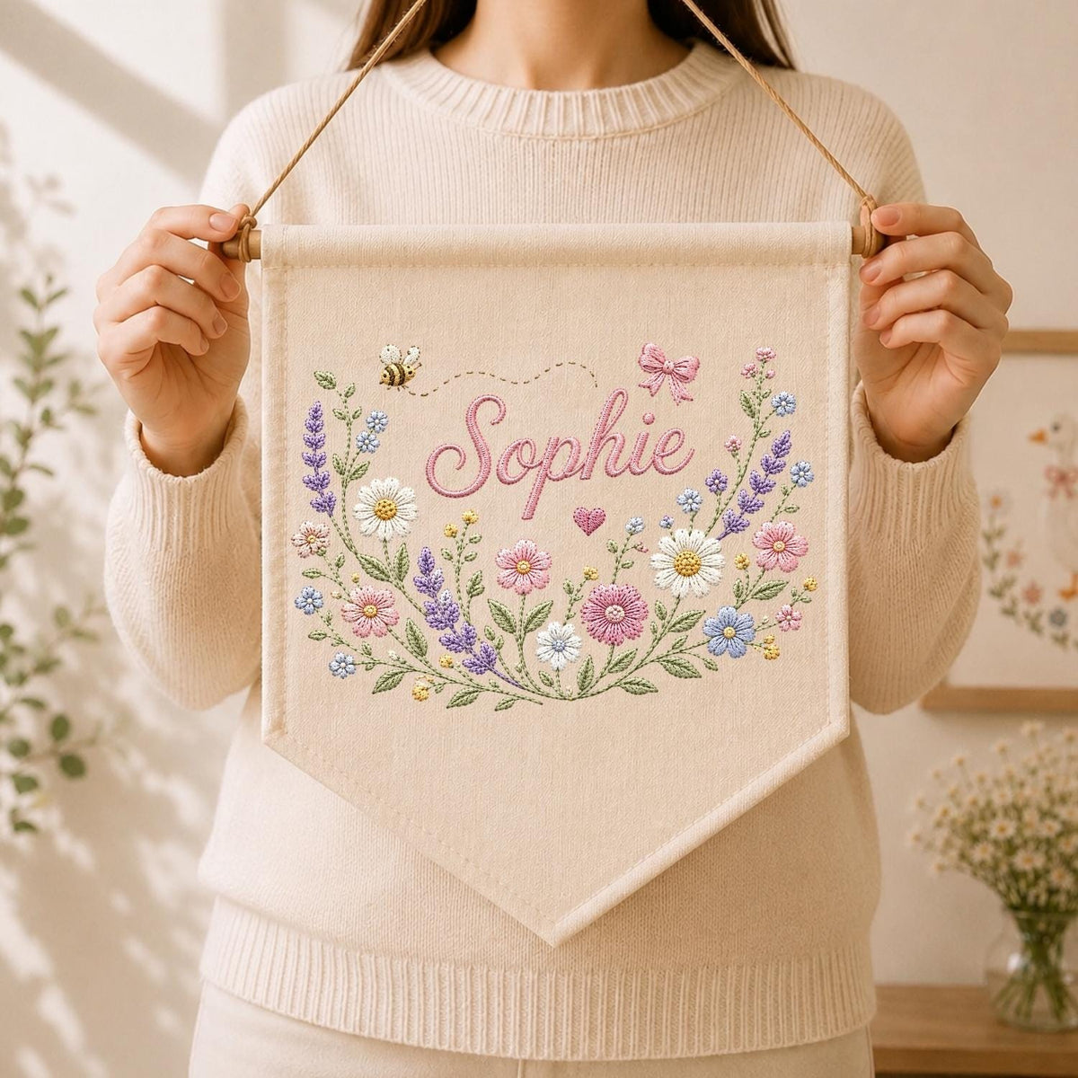 May include: A beige fabric wall banner featuring the embroidered name Sophie in pink script, surrounded by a floral wreath of lavender, daisies, and pink blossoms, with a small bee and a pink bow accent, suspended from a wooden dowel with a string.