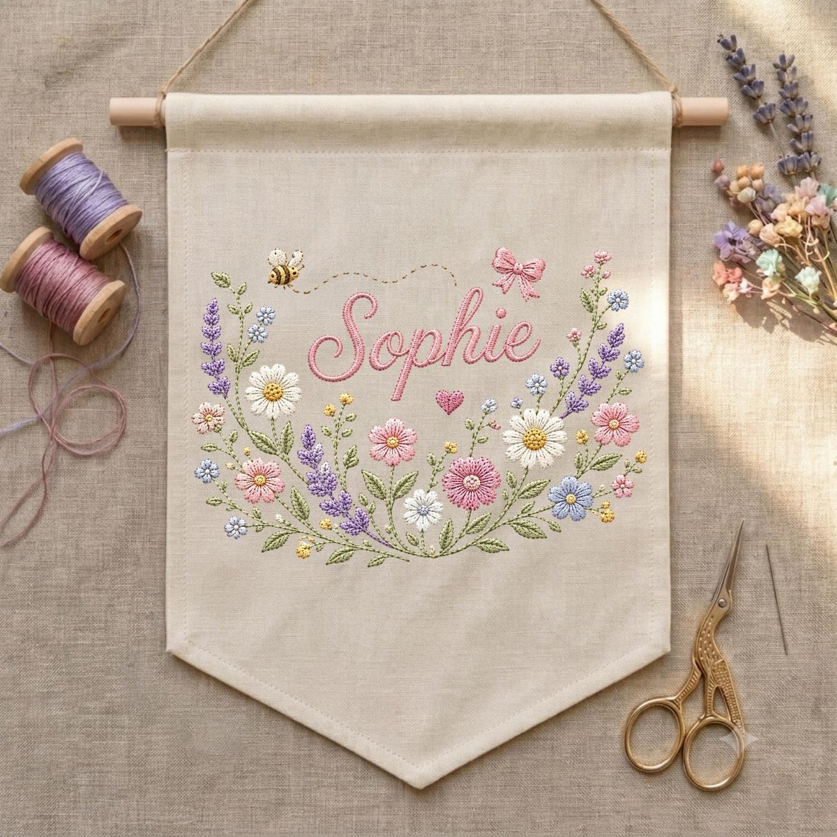 May include: A beige fabric wall banner featuring the embroidered name Sophie in pink script, surrounded by a colorful floral wreath with lavender, daisies, a small bee, a pink bow, and a heart, suspended from a wooden dowel with twine.