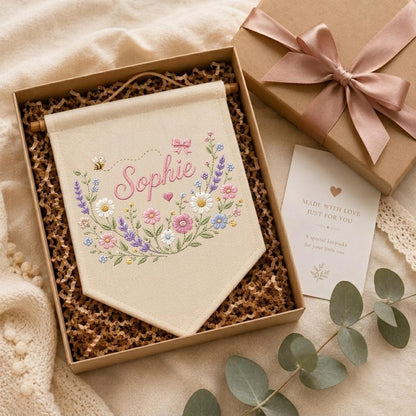 May include: A cream-colored fabric wall banner featuring the embroidered name Sophie in pink script, surrounded by a floral wreath of daisies, lavender, and pink flowers with a small bee and bow. The banner is presented in a gift box with a card.