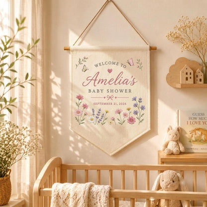 May include: A cream-colored fabric wall banner hanging from a wooden rod with a string. The banner features the text "WELCOME TO Amelia's BABY SHOWER" and "SEPTEMBER 21, 2026" in pink and gray, decorated with colorful floral illustrations and butterflies.