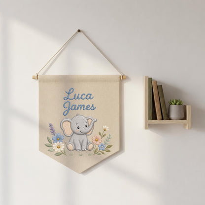 Personalized Embroidered Elephant Wall Hanging Banner, Custom Baby Name Sign, Floral Nursery Decor, Baby Shower Gift