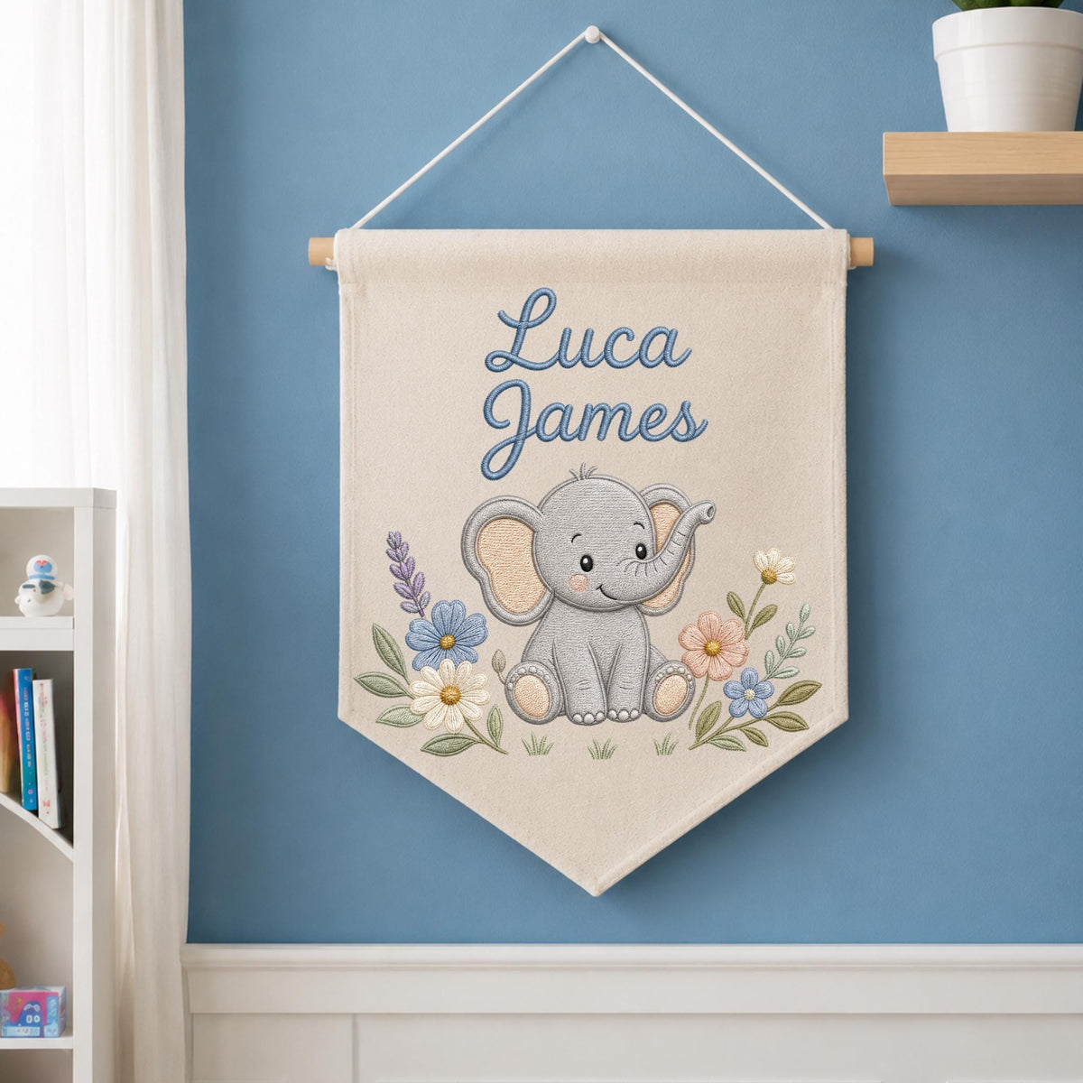 Personalized Embroidered Elephant Wall Hanging Banner, Custom Baby Name Sign, Floral Nursery Decor, Baby Shower Gift