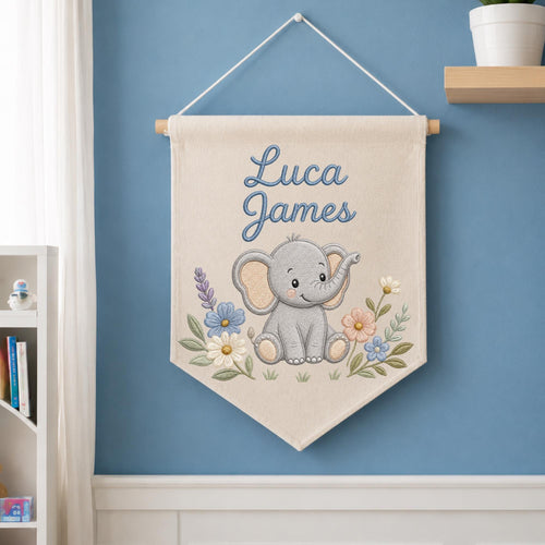 Personalized Embroidered Elephant Wall Hanging Banner, Custom Baby Name Sign, Floral Nursery Decor, Baby Shower Gift