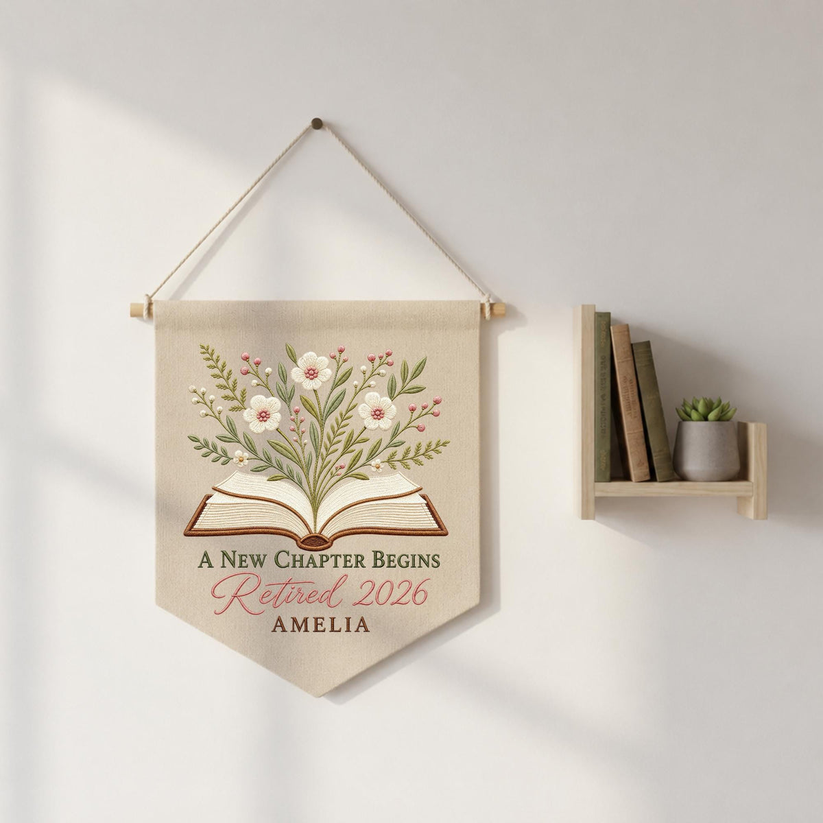Personalized Embroidered Retirement Wall Hanging Banner, Custom Retired 2026 Gift, Floral Book Decor, Retirement Keepsake for Women