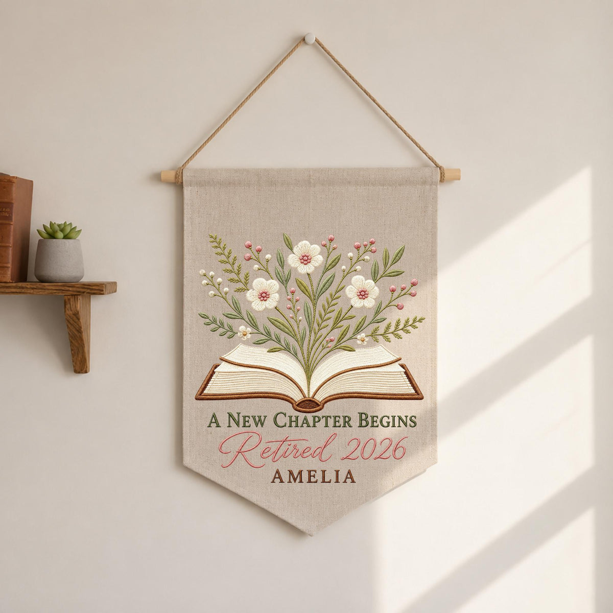 Personalized Embroidered Retirement Wall Hanging Banner, Custom Retired 2026 Gift, Floral Book Decor, Retirement Keepsake for Women