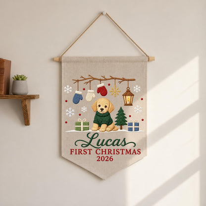 Personalized Embroidered Puppy First Christmas Wall Hanging Banner, Custom Pet Name Sign, Dog Christmas Decor, Holiday Keepsake Gift