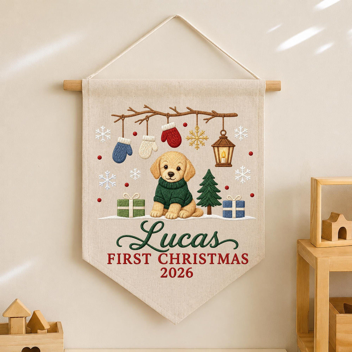 Personalized Embroidered Puppy First Christmas Wall Hanging Banner, Custom Pet Name Sign, Dog Christmas Decor, Holiday Keepsake Gift