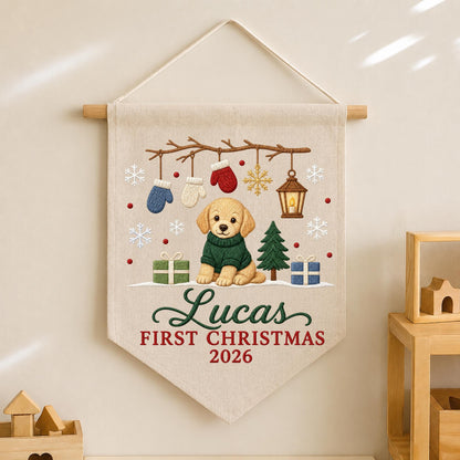 Personalized Embroidered Puppy First Christmas Wall Hanging Banner, Custom Pet Name Sign, Dog Christmas Decor, Holiday Keepsake Gift