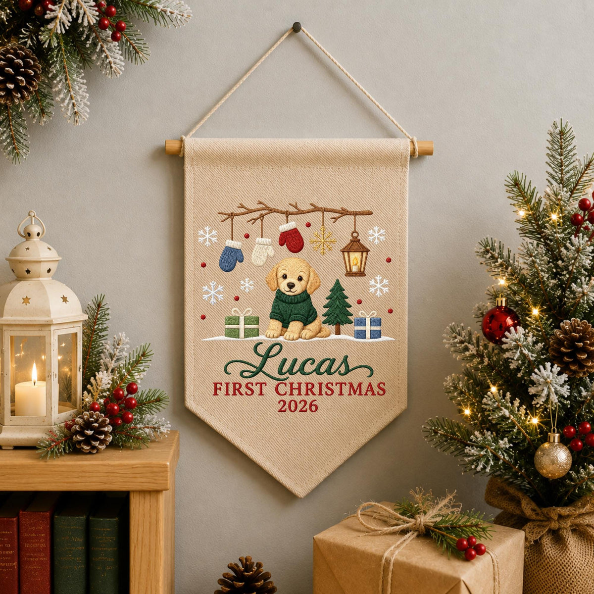 Personalized Embroidered Puppy First Christmas Wall Hanging Banner, Custom Pet Name Sign, Dog Christmas Decor, Holiday Keepsake Gift