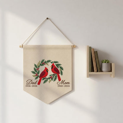 Personalized Embroidered Cardinal Memorial Wall Hanging Banner, Custom In Loving Memory Sign, Sympathy Gift, Christmas Remembrance Decor