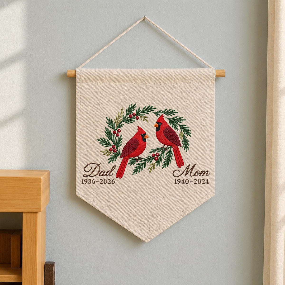 Personalized Embroidered Cardinal Memorial Wall Hanging Banner, Custom In Loving Memory Sign, Sympathy Gift, Christmas Remembrance Decor