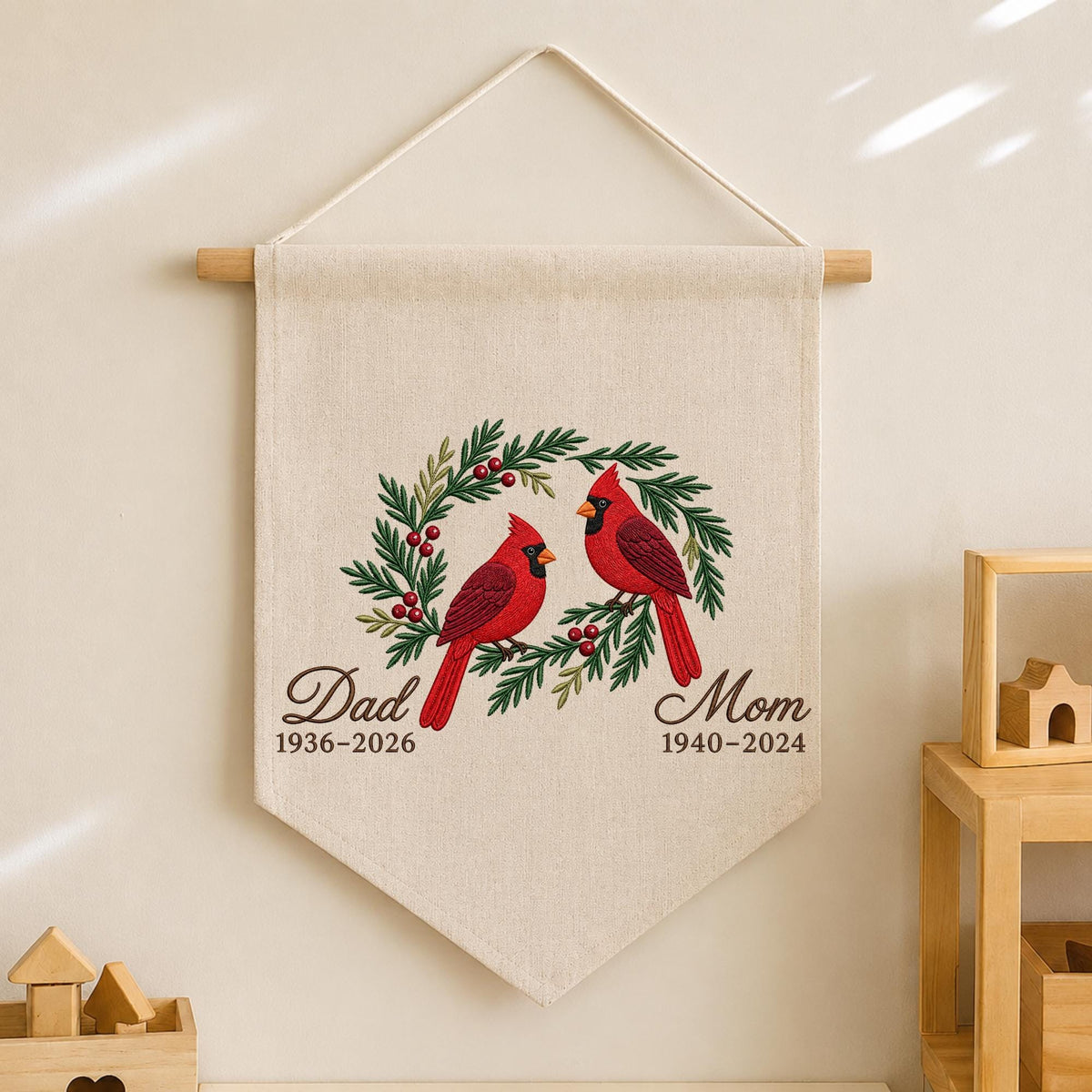 Personalized Embroidered Cardinal Memorial Wall Hanging Banner, Custom In Loving Memory Sign, Sympathy Gift, Christmas Remembrance Decor