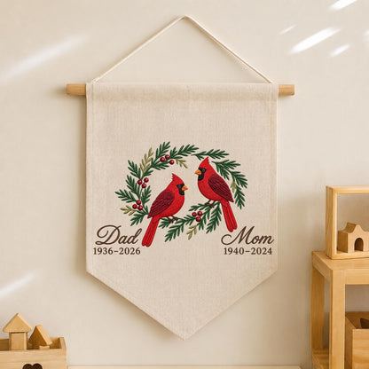 Personalized Embroidered Cardinal Memorial Wall Hanging Banner, Custom In Loving Memory Sign, Sympathy Gift, Christmas Remembrance Decor