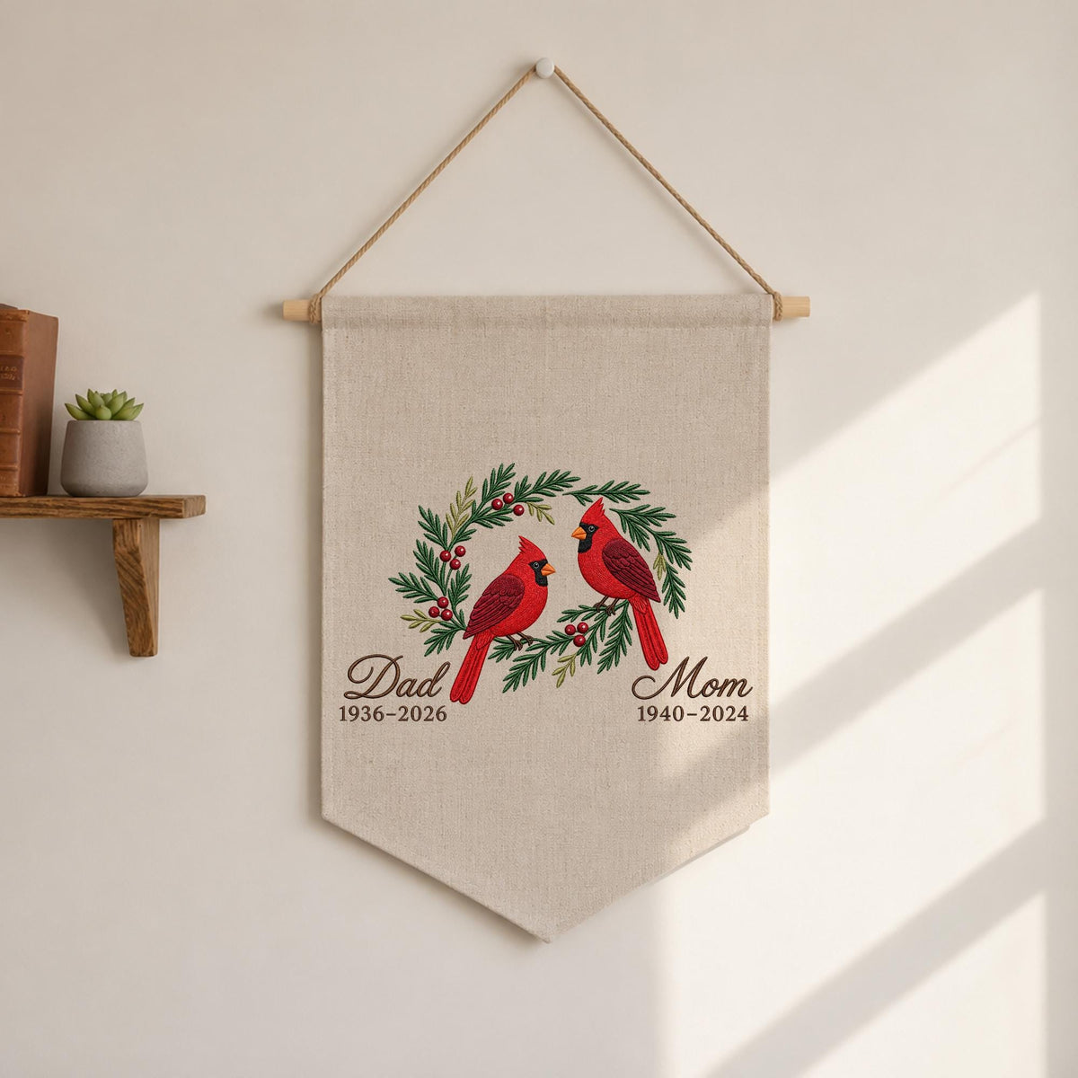 Personalized Embroidered Cardinal Memorial Wall Hanging Banner, Custom In Loving Memory Sign, Sympathy Gift, Christmas Remembrance Decor