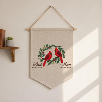 Personalized Embroidered Cardinal Memorial Wall Hanging Banner, Custom In Loving Memory Sign, Sympathy Gift, Christmas Remembrance Decor