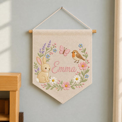 Personalized Embroidered Bunny Floral Wall Hanging Banner, Custom Baby Name Sign, Spring Nursery Decor, Baby Girl Gift