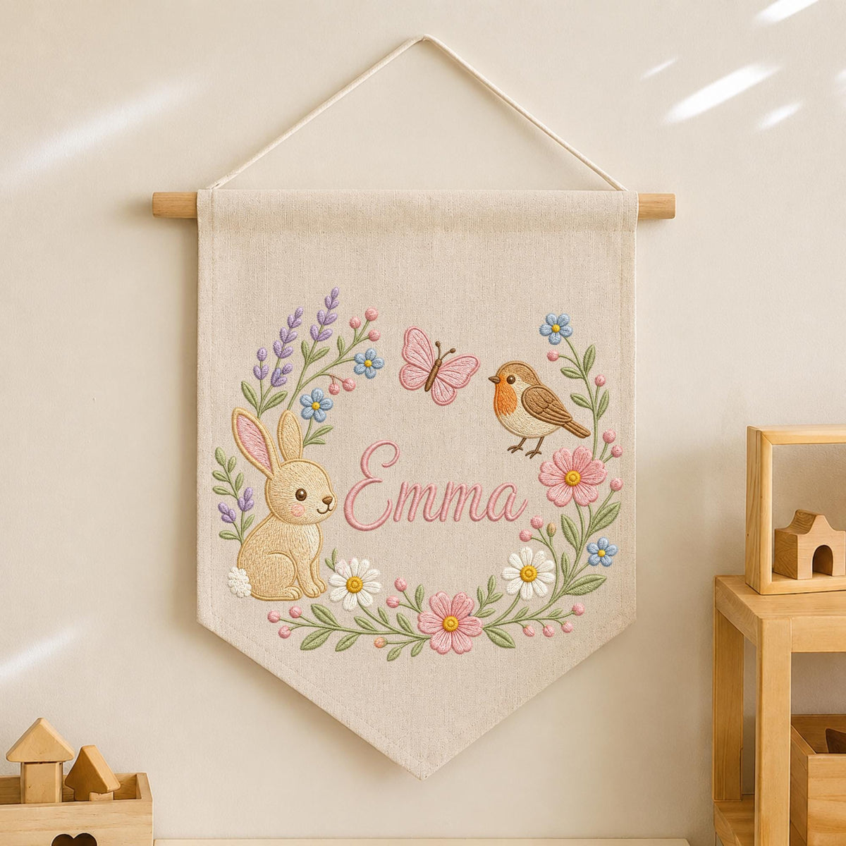Personalized Embroidered Bunny Floral Wall Hanging Banner, Custom Baby Name Sign, Spring Nursery Decor, Baby Girl Gift