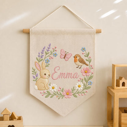Personalized Embroidered Bunny Floral Wall Hanging Banner, Custom Baby Name Sign, Spring Nursery Decor, Baby Girl Gift