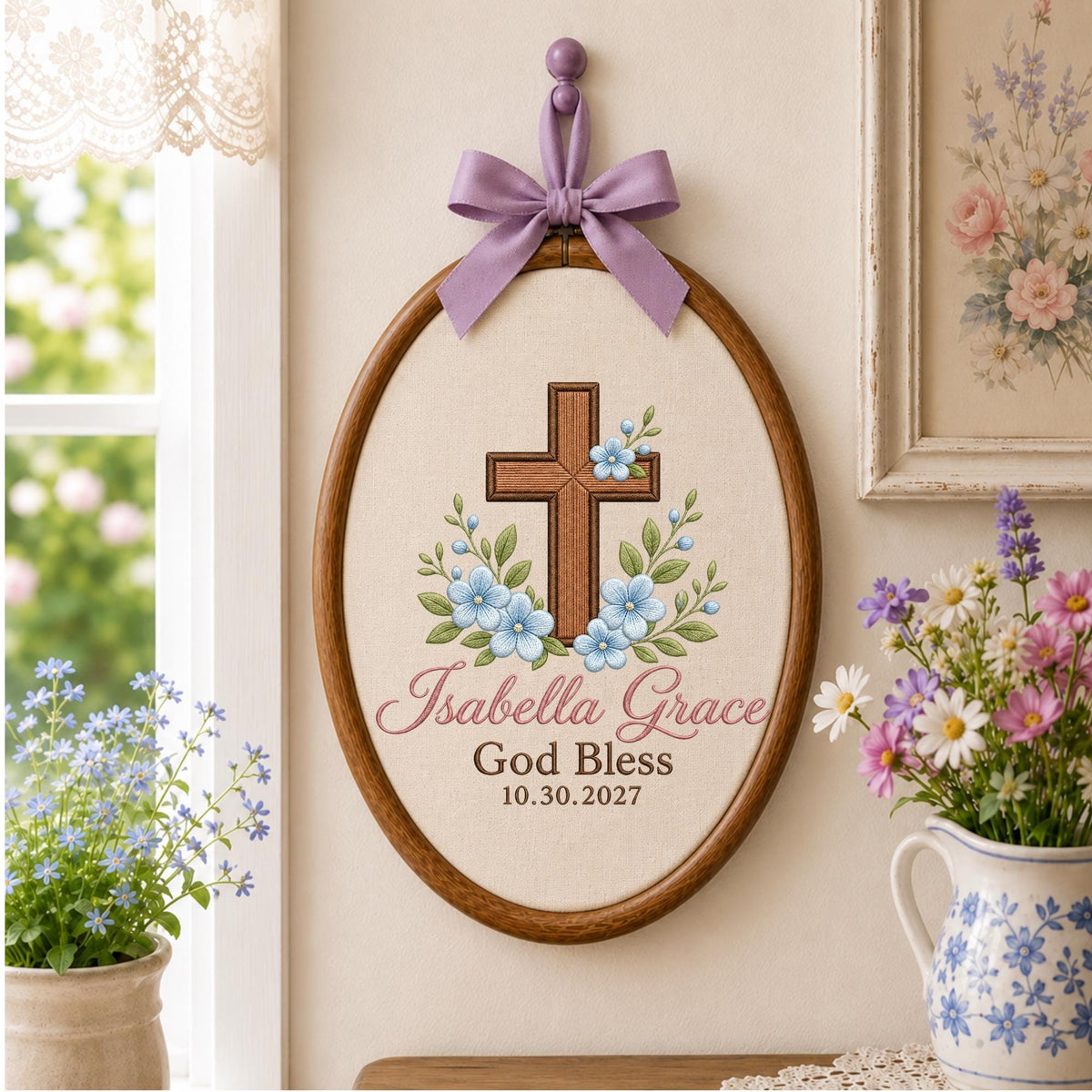 Personalized Embroidered Ornament, God Bless Baptism Gift, Custom Name Cross Ornament, Christian Baby Keepsake, Religious Nursery Decor