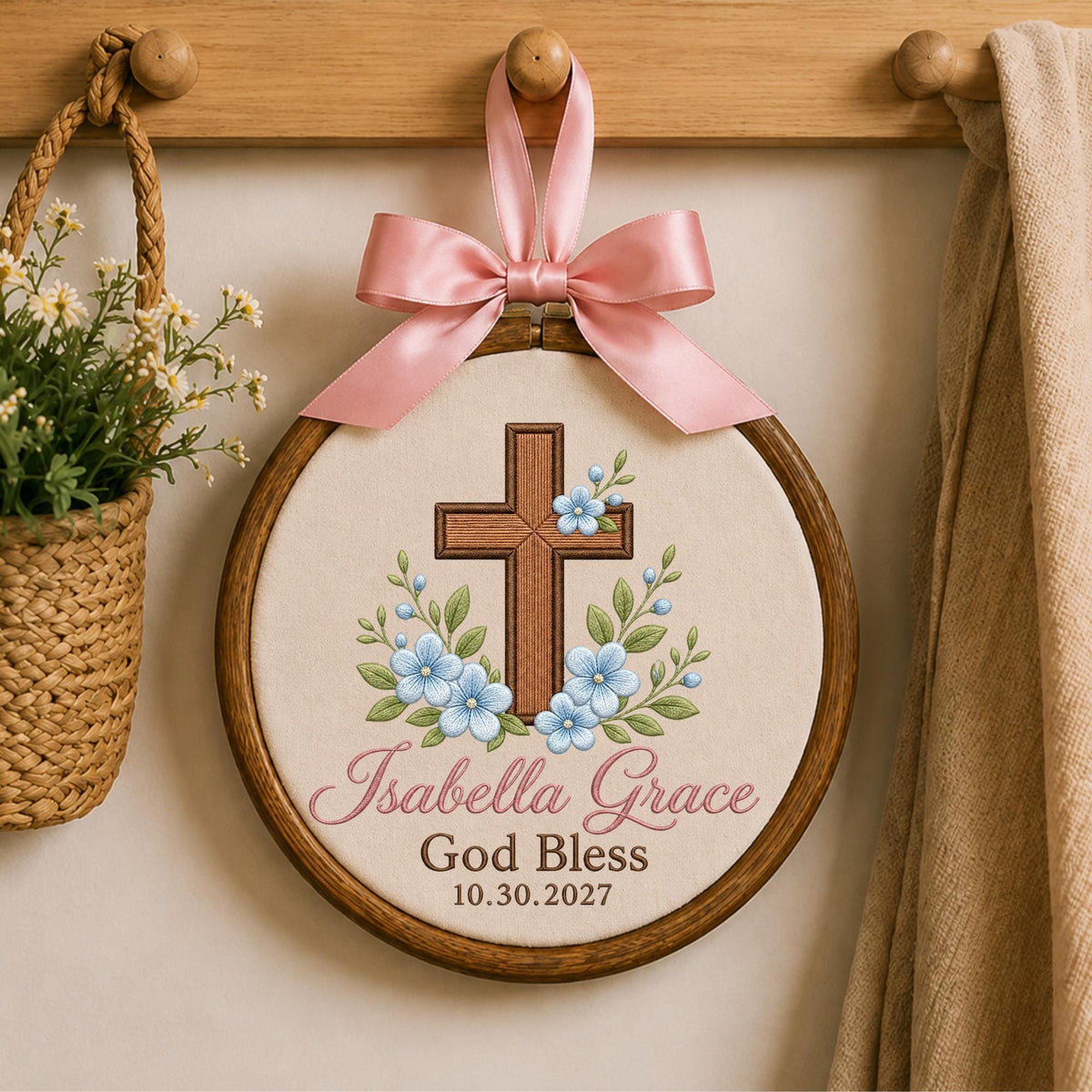 Personalized Embroidered Ornament, God Bless Baptism Gift, Custom Name Cross Ornament, Christian Baby Keepsake, Religious Nursery Decor