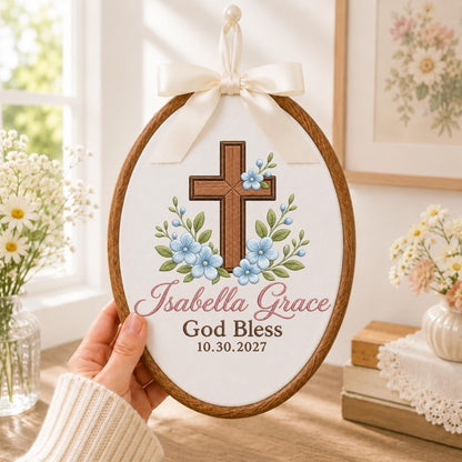 Personalized Embroidered Ornament, God Bless Baptism Gift, Custom Name Cross Ornament, Christian Baby Keepsake, Religious Nursery Decor