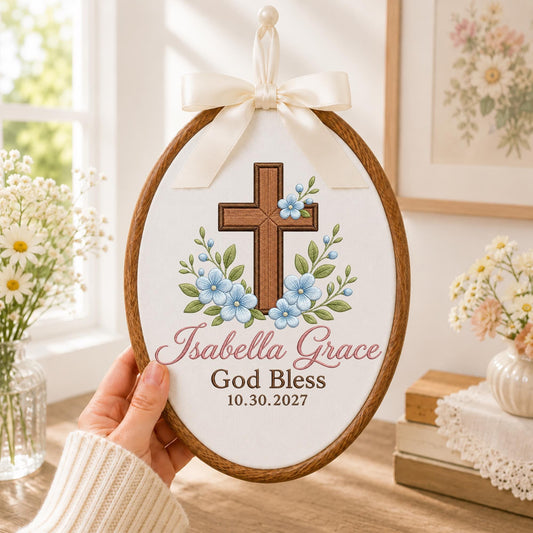 Personalized Embroidered Ornament, God Bless Baptism Gift, Custom Name Cross Ornament, Christian Baby Keepsake, Religious Nursery Decor