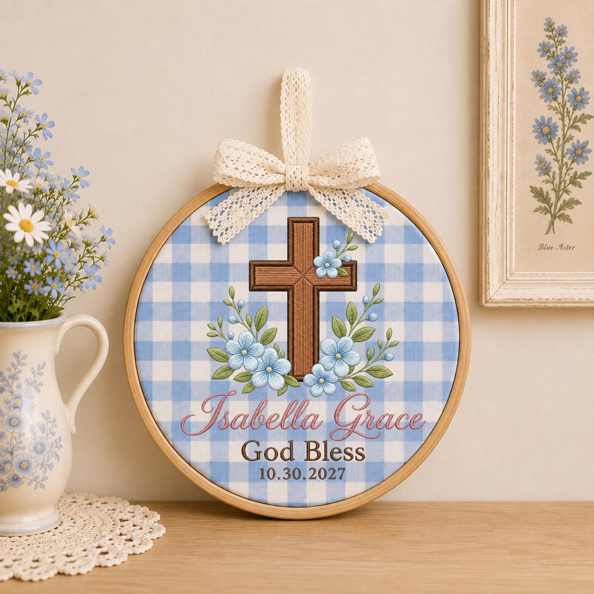 Personalized Embroidered Ornament, God Bless Baptism Gift, Custom Name Cross Ornament, Christian Baby Keepsake, Religious Nursery Decor