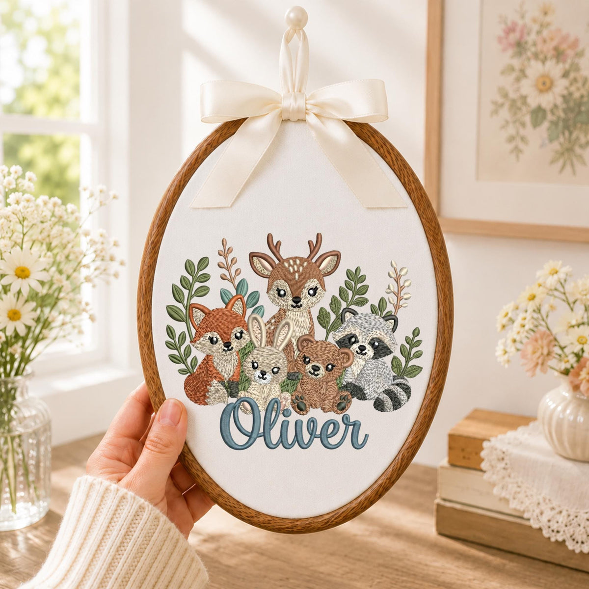 Personalized Embroidered Ornament, Woodland Animal Nursery Decor, Custom Baby Name Ornament, Forest Animals Baby Gift, Nursery Keepsake