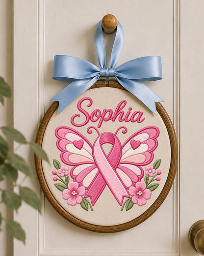 Personalized Breast Cancer Awareness Embroidered Ornament, Custom Name Pink Ribbon Hoop, Survivor Gift, Breast Cancer Support Keepsake