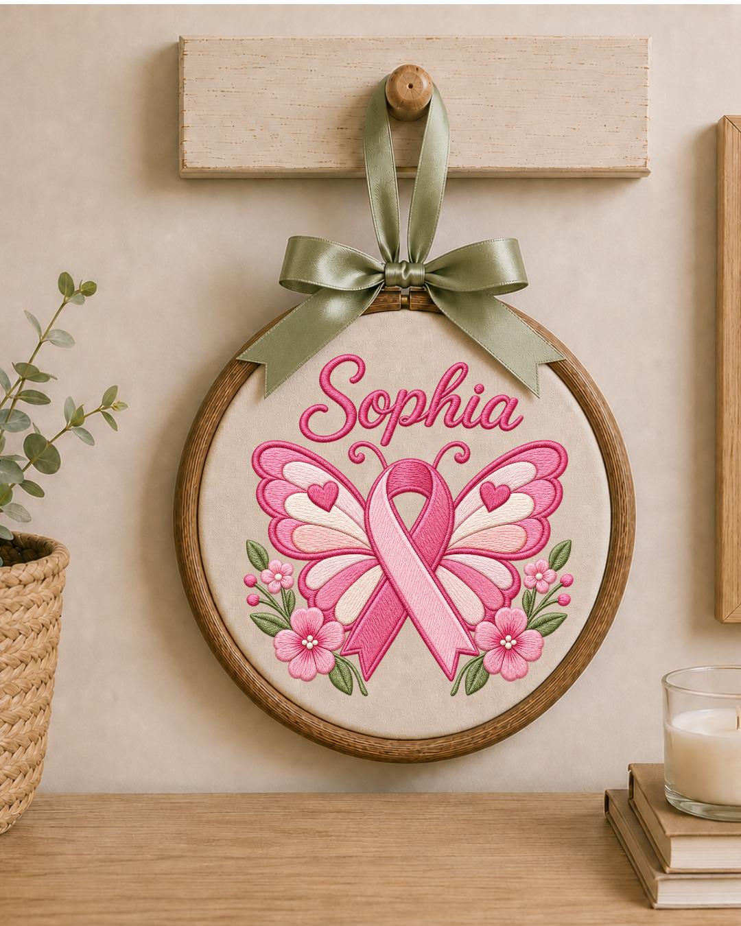 Personalized Breast Cancer Awareness Embroidered Ornament, Custom Name Pink Ribbon Hoop, Survivor Gift, Breast Cancer Support Keepsake