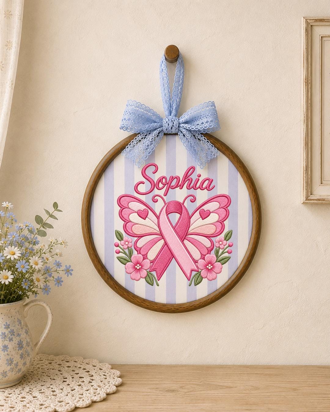Personalized Breast Cancer Awareness Embroidered Ornament, Custom Name Pink Ribbon Hoop, Survivor Gift, Breast Cancer Support Keepsake