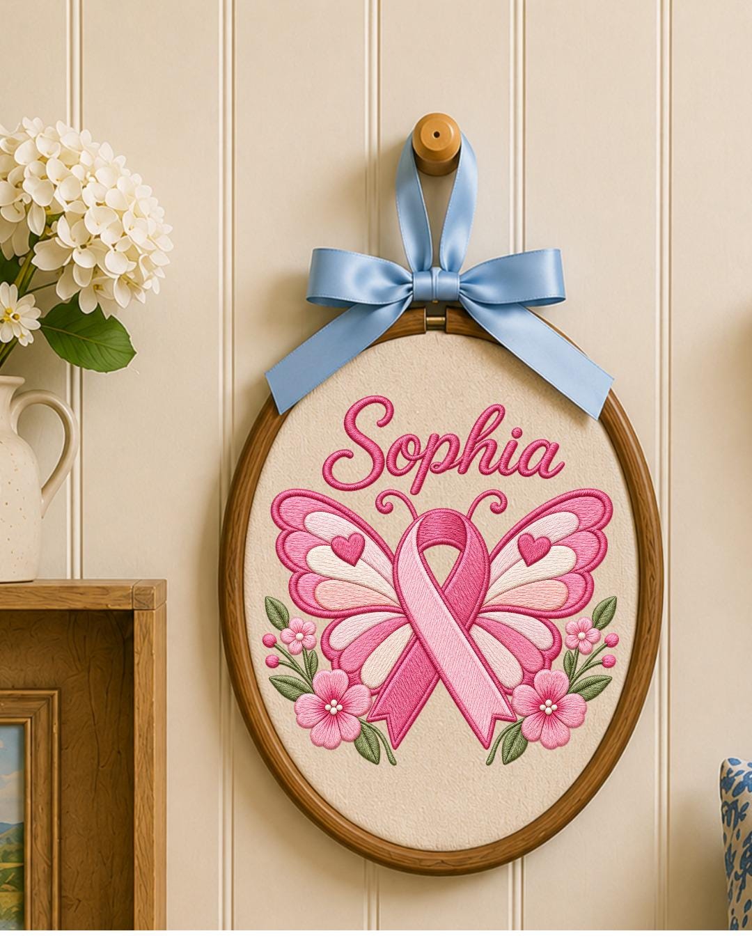 Personalized Breast Cancer Awareness Embroidered Ornament, Custom Name Pink Ribbon Hoop, Survivor Gift, Breast Cancer Support Keepsake